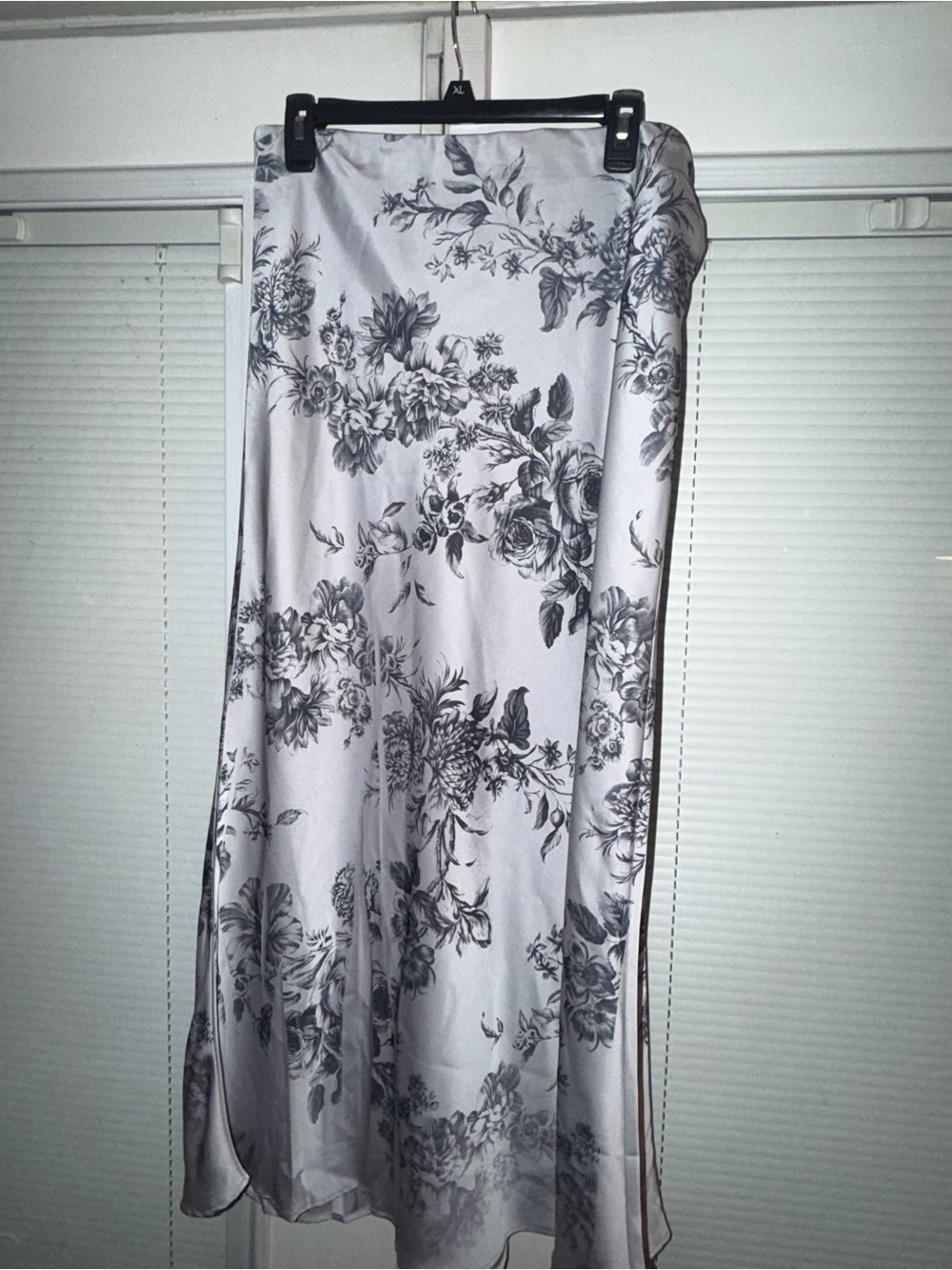 Floral Satin Maxi Skirt in Light Gray and Black